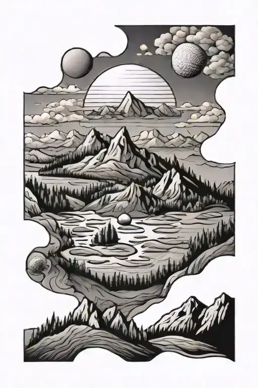 Outdoors Mountains With A Golf Course In A Valley With A Sun Golf Ball