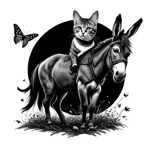 Cat Riding A Donkey With A Butterfly Flying Around