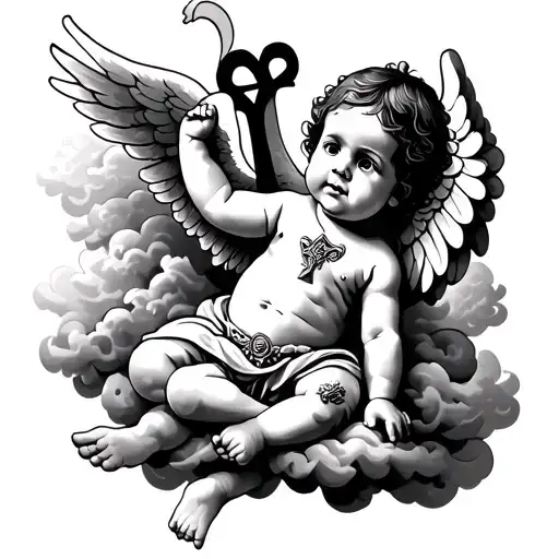 Biblical Baby Angel With Clouds Surrounding And Ankh Symbol