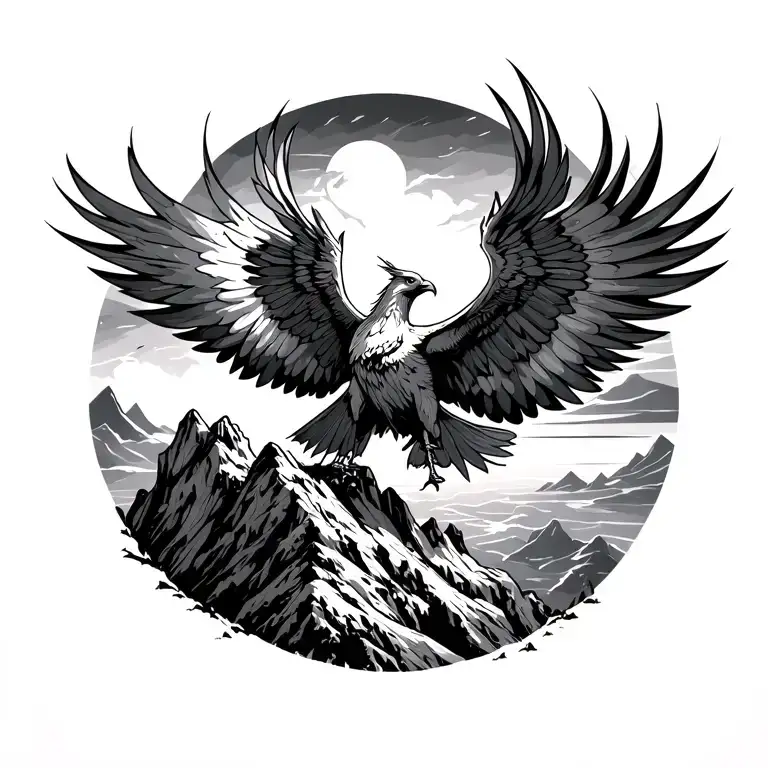 A Phoenix Flying At A Top Of A Mountain In Sunset Sky