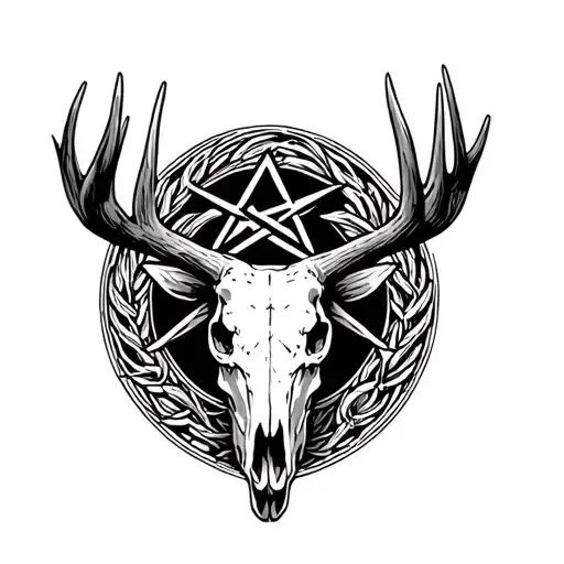 Centerd Moose Skull With Pentagram Along Antlers Intertwined