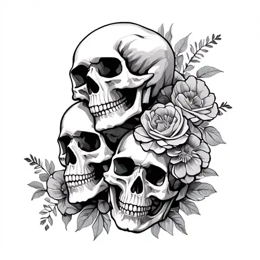 3 Wise Skulls Stacked With Floral Background