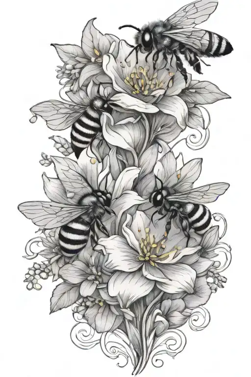 Flowers Surrounded By Bee Flying