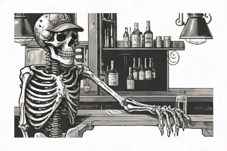 Skeleton At An Old Bar Wearing A Ball Cap
