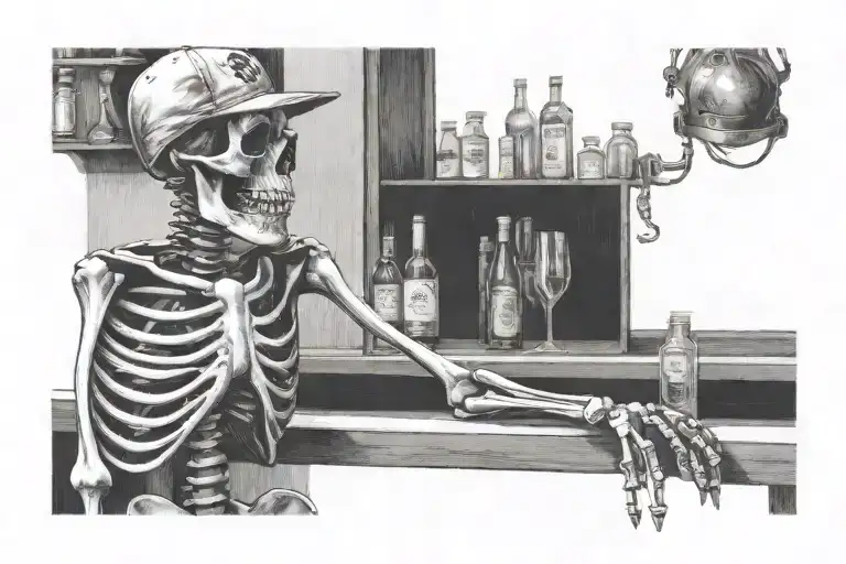 Skeleton Sitting Behind An Old Bar Wearing A Ball Cap