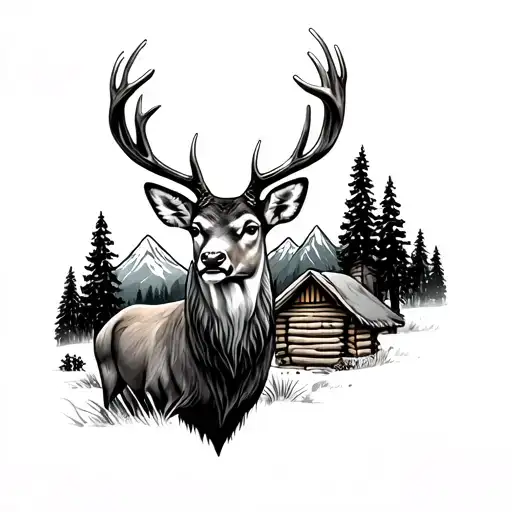 Male Deer With Mountains And Log Cabin