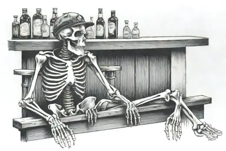 Skeleton Sitting Behind An Old Bar Wearing A Ball Cap