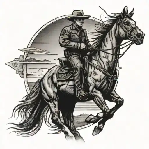 Sherriff On Horse Walking Toward Sunset Sky