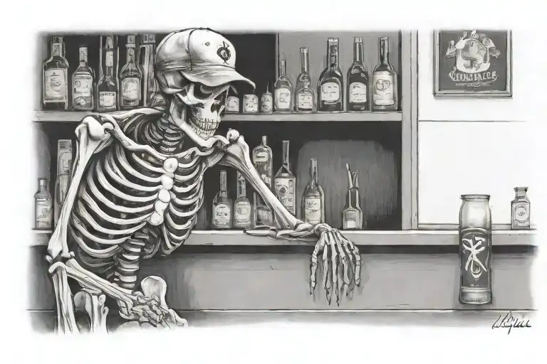 Skeleton Sitting Behind An Old Bar Wearing A Ball Cap Thats Had A Rough Day