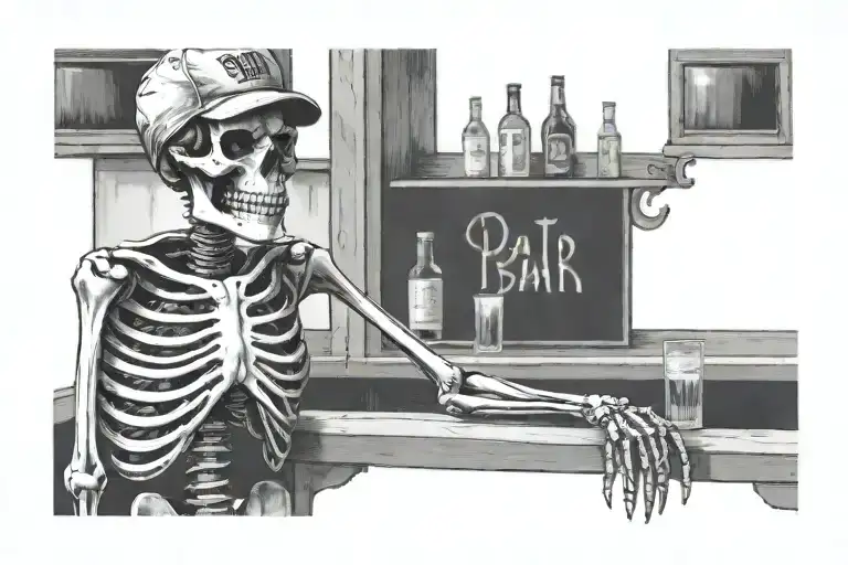 Skeleton Sitting Behind An Old Bar Wearing A Ball Cap Thats Had A Rough Day