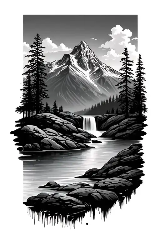 Nature Scene With Mountain And Water And Waterfall