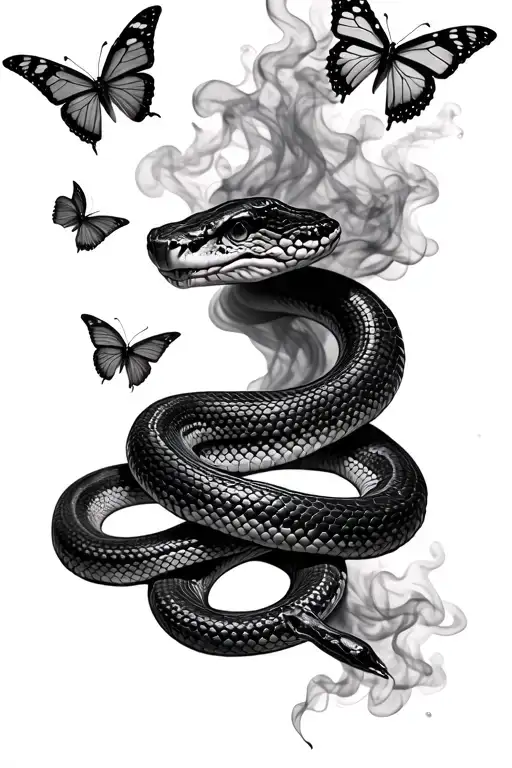 A Snake And Lots Of Butterfly's With Smoke Coming