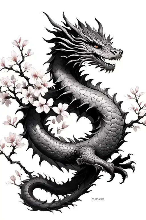 Chinese Earth Dragon Wrapped Around Cherry Blossom Tree