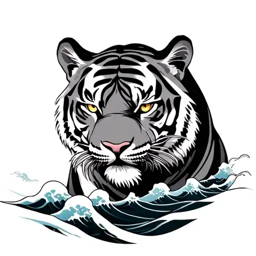 Japanese Tiger With Waves Background