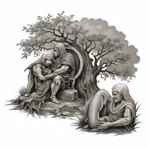 Half Sleeve Spartan Warrior And An Old Lady Praying Under The Life Tree