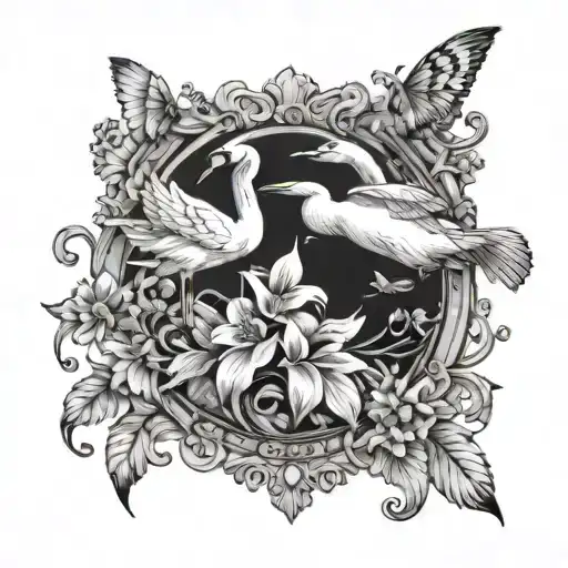 One Swan Two Little Butterflys And Some Flowers And They Are All In The Vintage Mirror