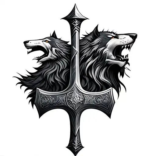 3D Mjolnir Tattoo With Odin Head And Wolves Howling