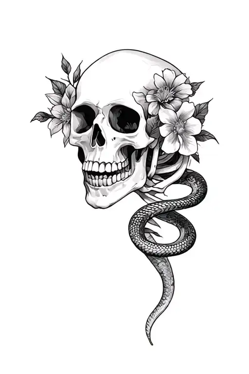 Skeleton Bones With Flowers And Snake Wrapped