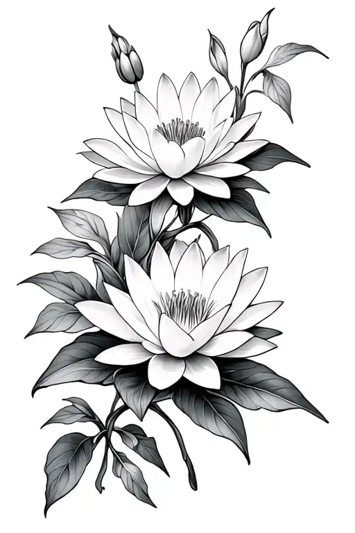 Water Lily And Larkspur Flowers Intertwined