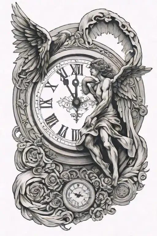 An Angel And Behind It A Clock With Roman Numerals
