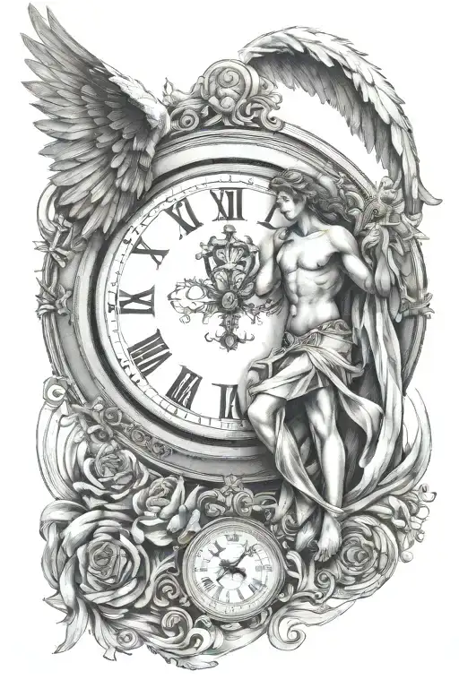 An Angel And Behind It A Clock With Roman Numerals