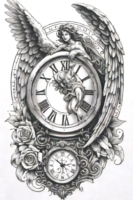 An Angel And Behind It A Clock With Roman Numerals