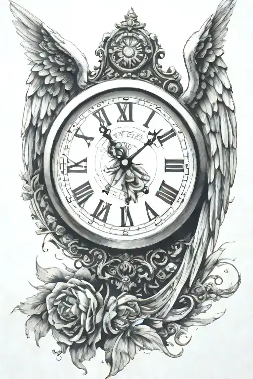 An Angel And Behind It A Clock With Roman Numerals