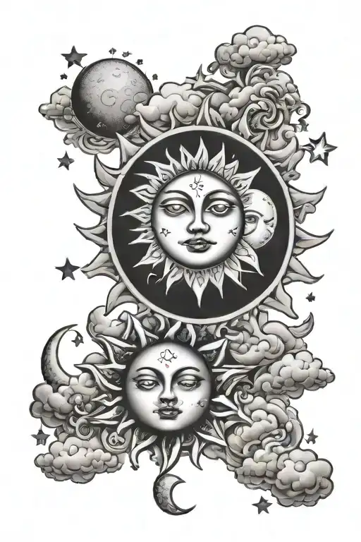 Sun And Moon With Clouds And Stars