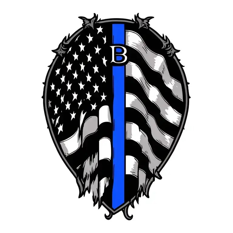 Old English B With American Flag And Thin Blue Line
