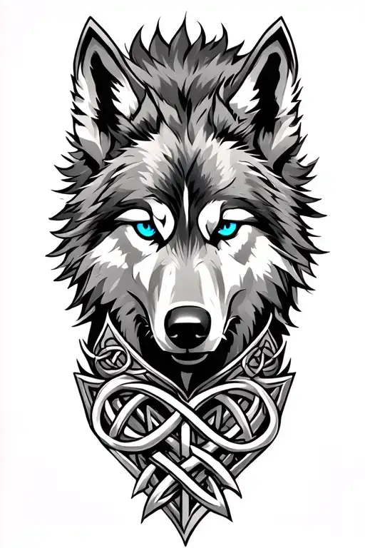 Wolf With Blue Eyes On Armor Tattoo Design Featuring Celtic Trinity Knot