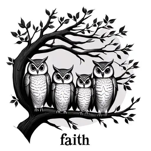 A Tattoo Design Of A Family Of Owls In A Tree With The Word 'Faith' Incorporated Into The Branches