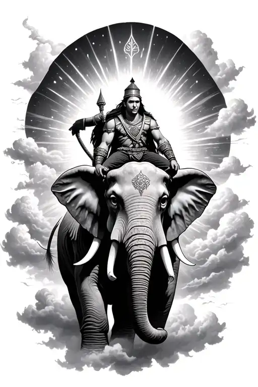 Can The Warrior Be Sitting On The Elephant And Be In The Clouds With Light Rays Coing Down