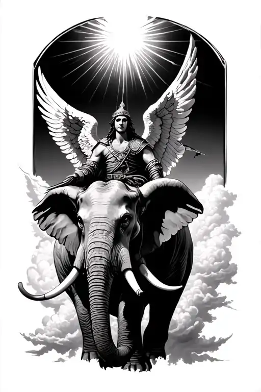A Warrior Angel Riding An Elephant In The Clouds With Light Rays Coming From The Top Of The