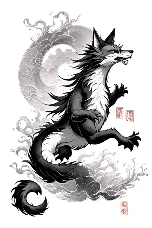 Kitsune Leaping Out Of Ink Japanese Writing On A Scroll Going Down A Path Of Tori Gates