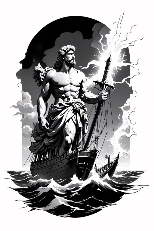 Zeus Holding A Sword Throw Lighting At A Ship