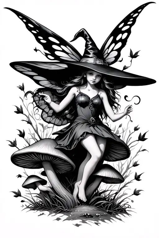 Pretty Elegant Little Witch Fairy Hovering Above Mushrooms