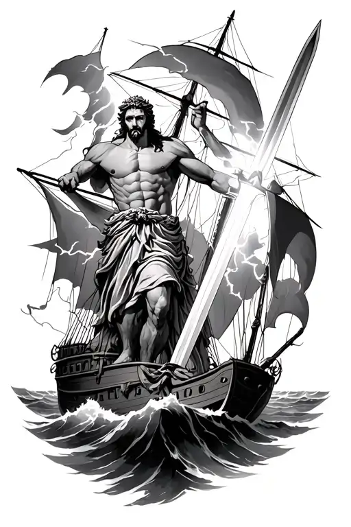 Zeus Holding A Sword Throw Lighting At A Ship