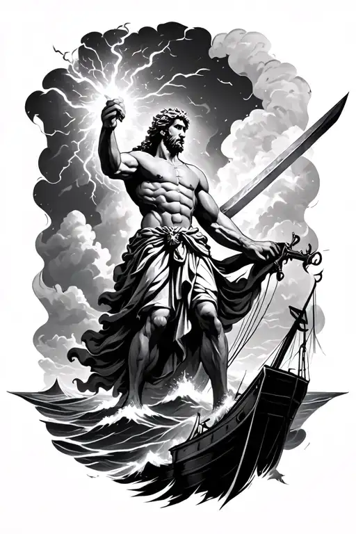 Zeus Holding A Sword Throwing Lighting At A Ship