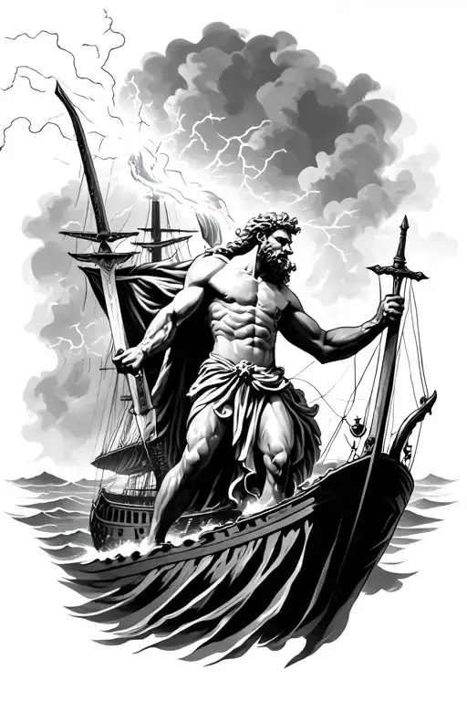 Zeus Holding A Sword Throwing Lighting At A Ship