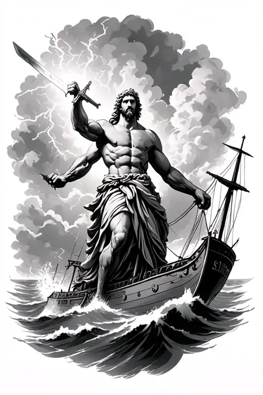 Zeus Holding A Sword Throwing Lighting At A Ship