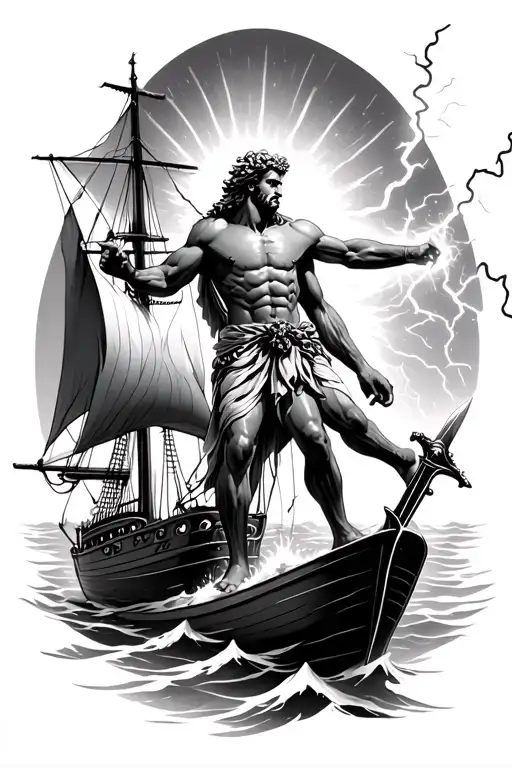 Zeus Holding A Sword Throwing Lighting At A Sailboat With Lighting And Sunrays Coming Down
