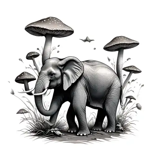 Elephant And Mushrooms Growing