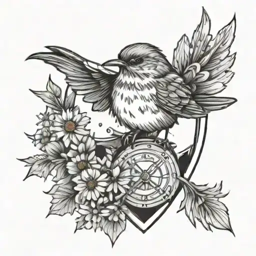 Robin Holding Dandelion With A Shield Around Them