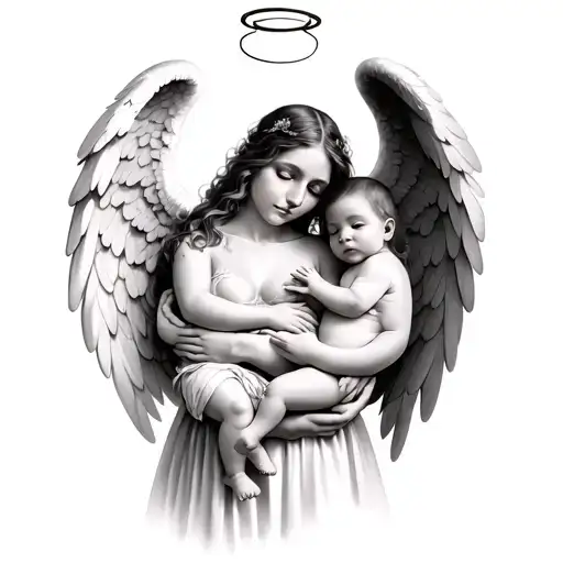 Woman Holding Two Babies One With Angel Wings And Halo
