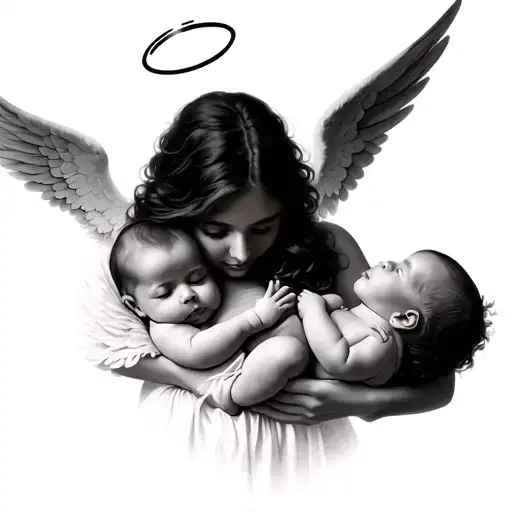 Woman Holding Two Babies One Baby With Angel Wings And Halo