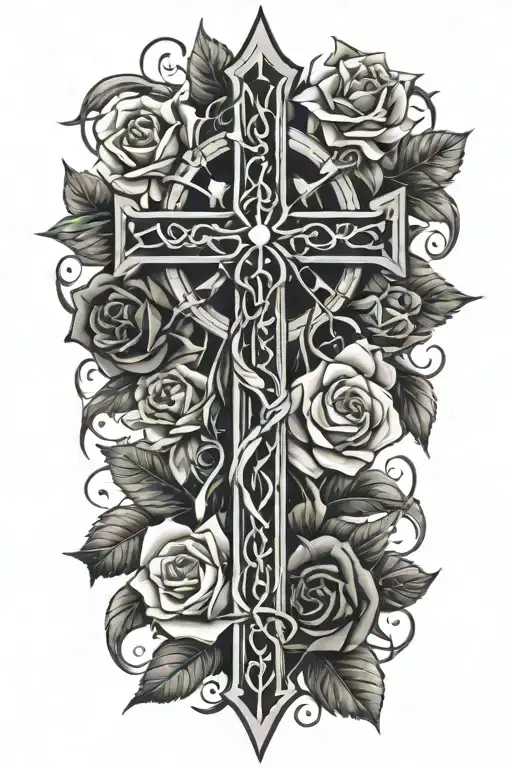 Tribal Cross Covered With Roses And Thorns Wrapped