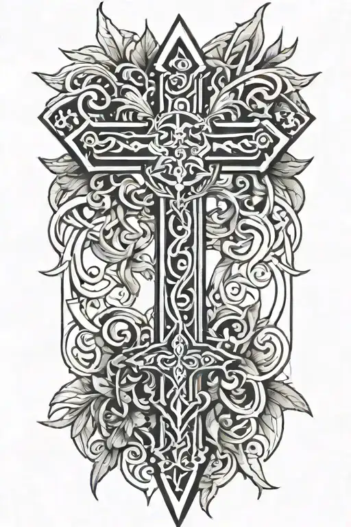 Tribal Dagger Covered With Vines And A Cross