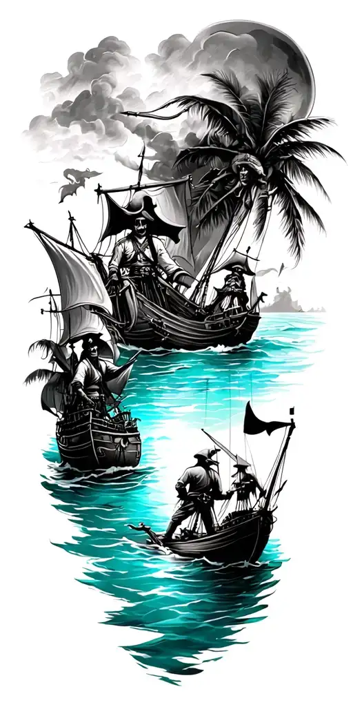 Full Sleeve With Pirates And A Lagoon Looking Down Perspective