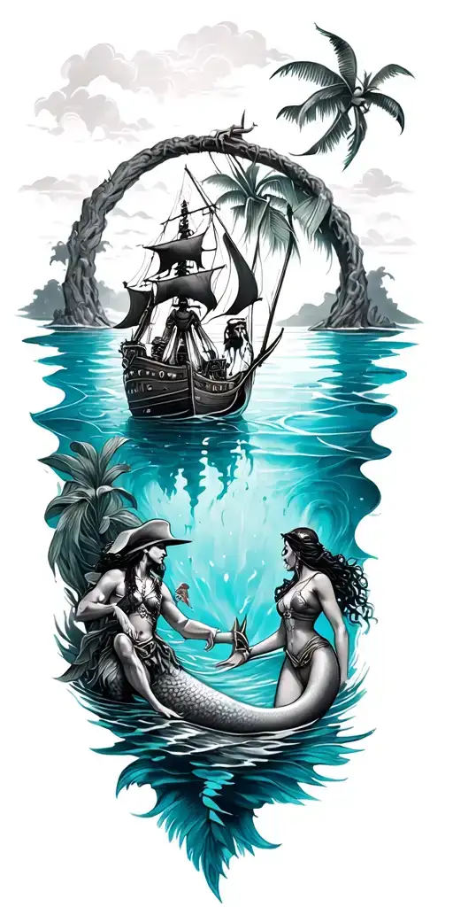 Full Sleeve With Pirates And A Lagoon Looking Down Perspective With Mermaids In The Water