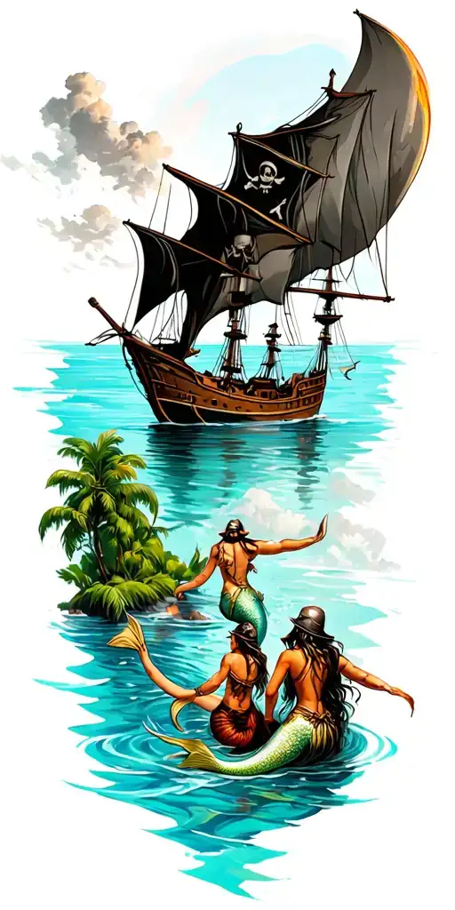 Full Sleeve With Pirates And A Lagoon Looking Down Perspective With Mermaids In The Water